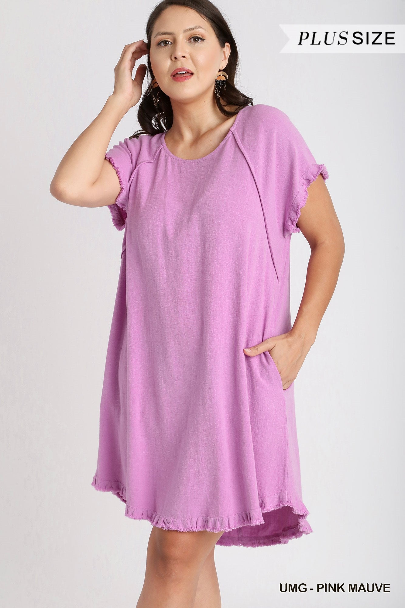 Umgee Plus Linen Blend Round Neck Pocket Fringe Short Sleeves Dress