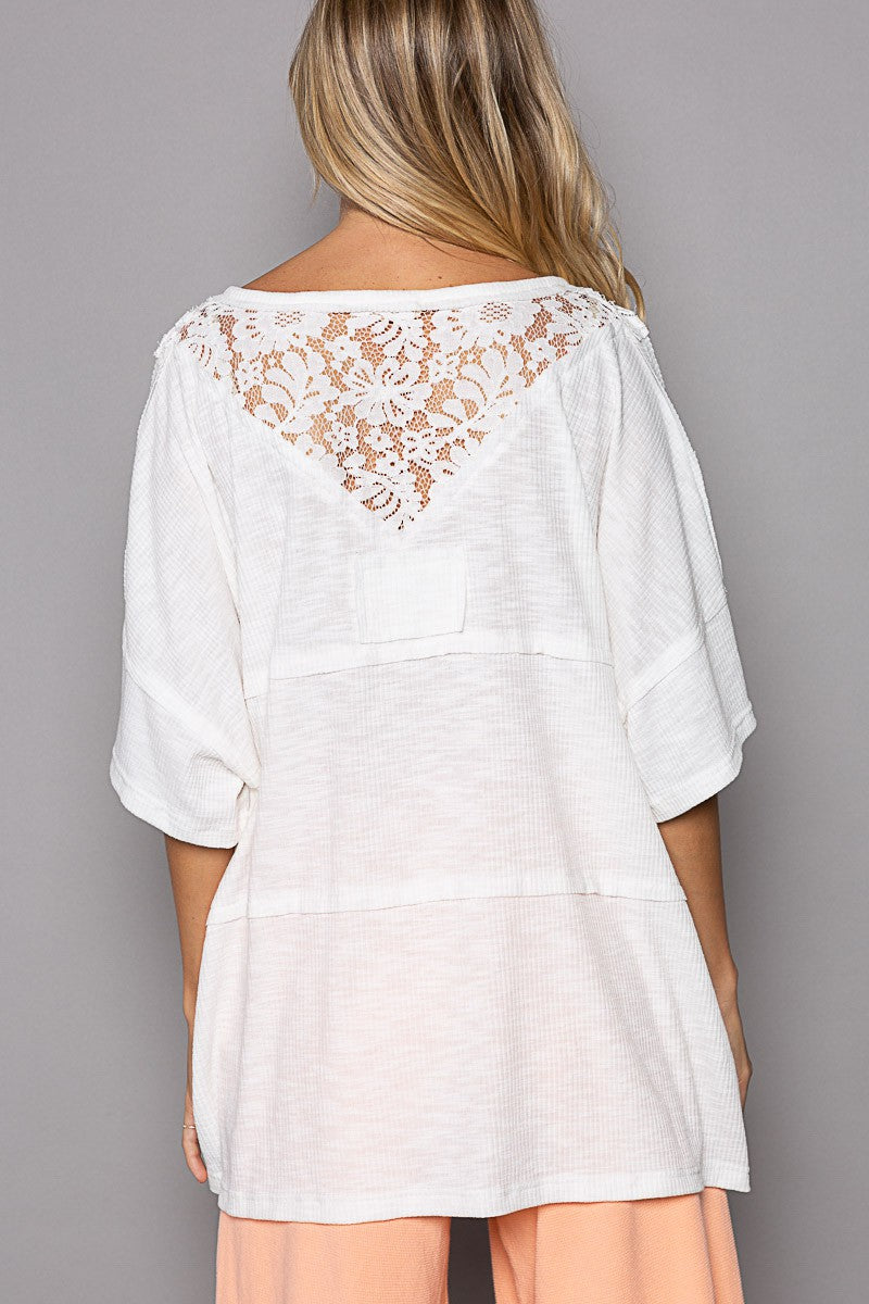 POL Round Neck Short Sleeve Lace Patches Solid Top