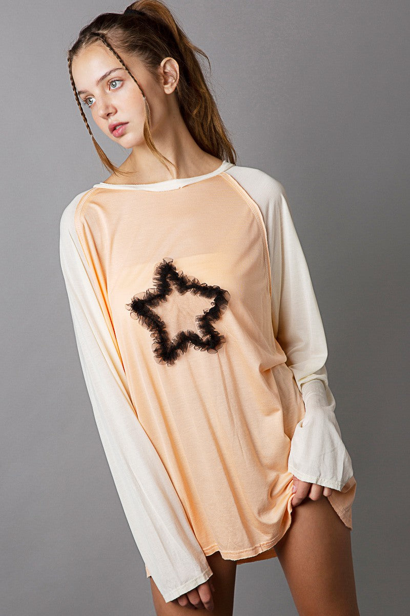 POL Oversize Raglan Long Sleeve Star Patch Front Top