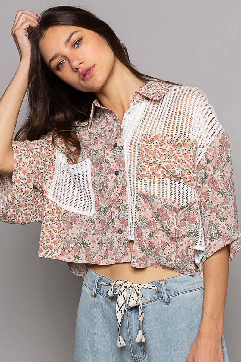 POL Short Sleeve Woven Print Crochet Mixed Shirt Top