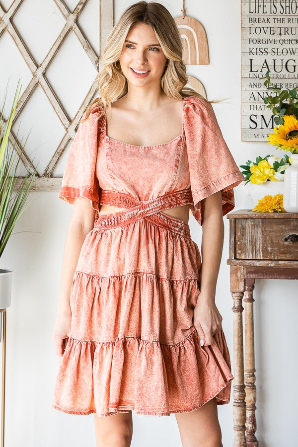 Oli & Hali Washed Cross Cut Out Tiered Mini Dress
