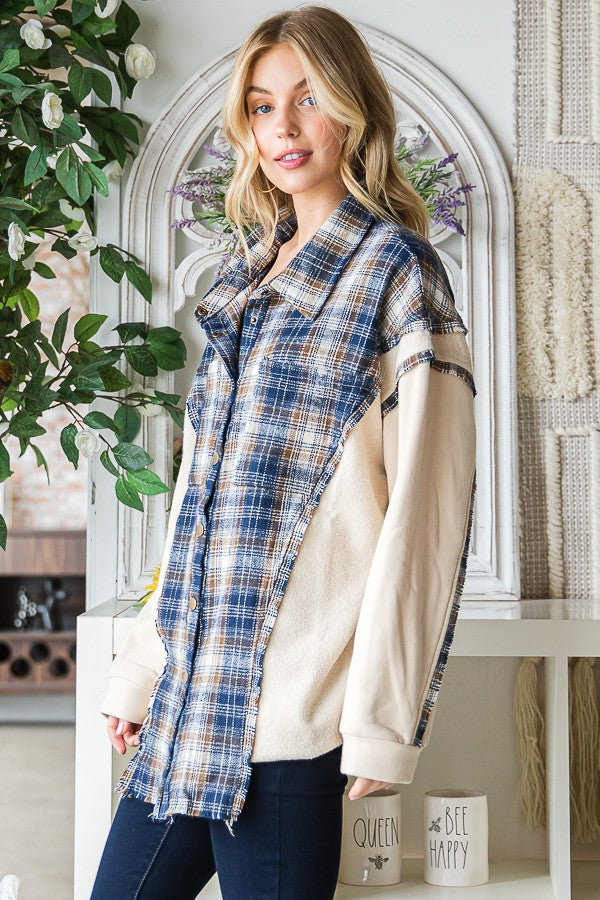 Oli & Hali Washed Plaid Terry Mix Button Front Jacket