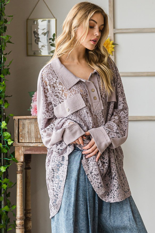 Oli & Hali Washed Lace Waffle Mixed Shirts Top