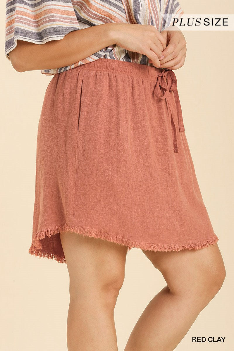 Umgee Plus Linen Blend High Waist High Low Fringe Hem Skirt