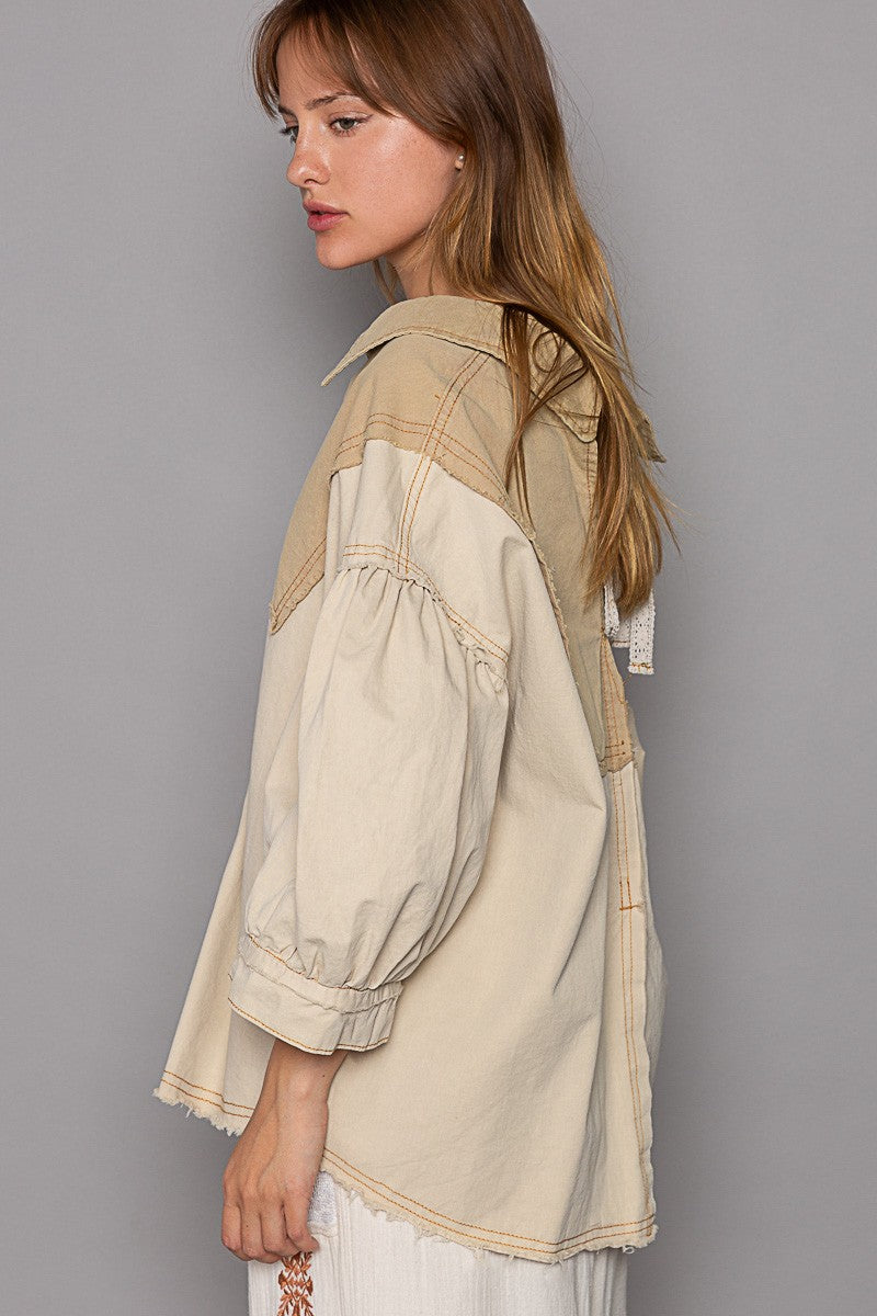 POL Color Block Button Down V Neck Balloon Sleeve Top