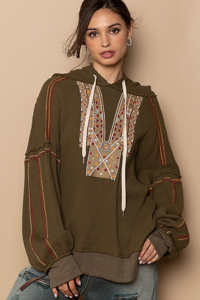 POL Oversized Embroidered Front Long Sleeve Top