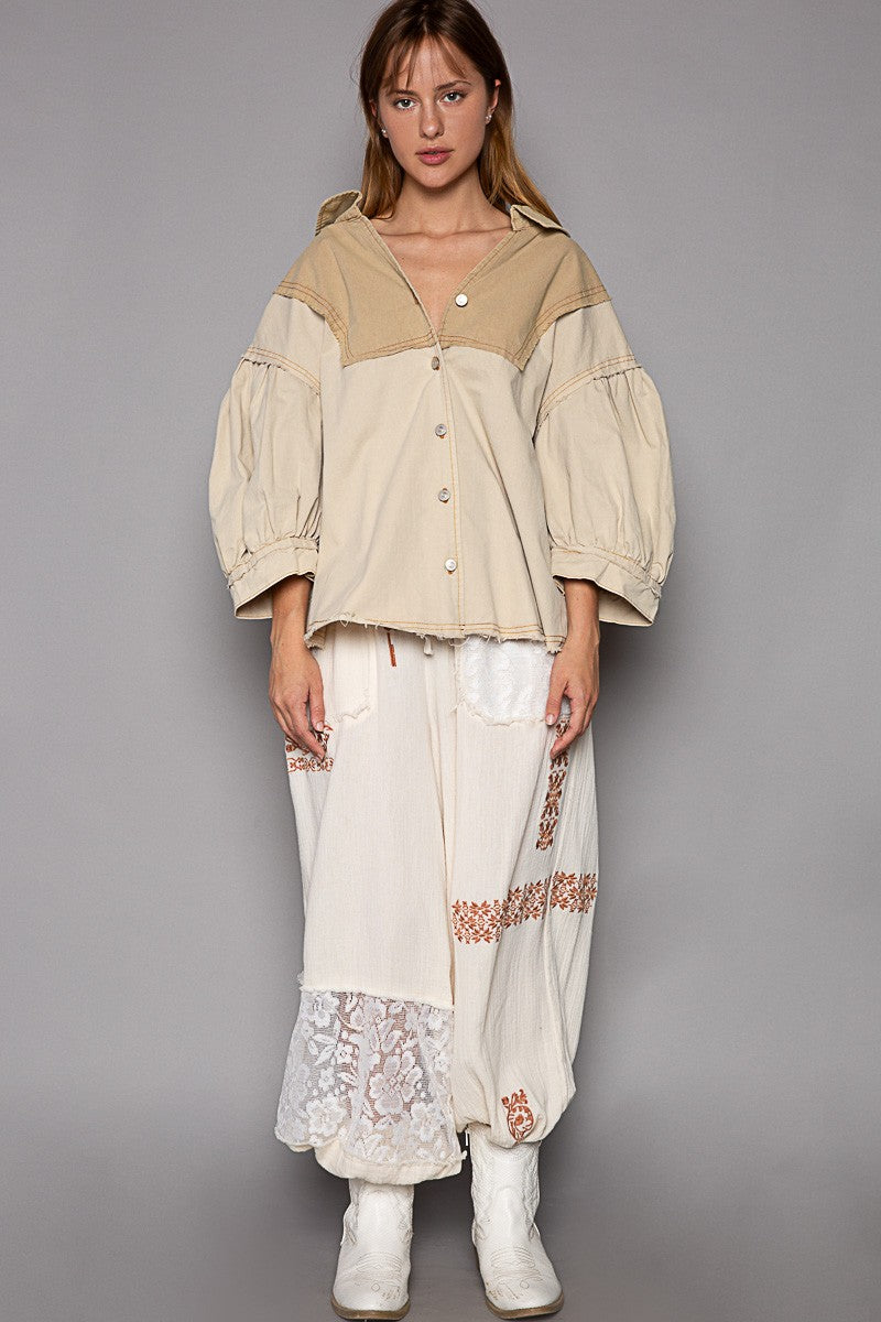 POL Color Block Button Down V Neck Balloon Sleeve Top