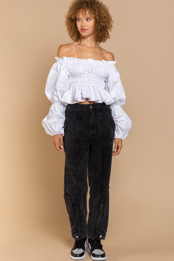 POL Off-shoulder Crop Length Long Sleeve Poplin Ruffled Top - Roulhac Fashion Boutique