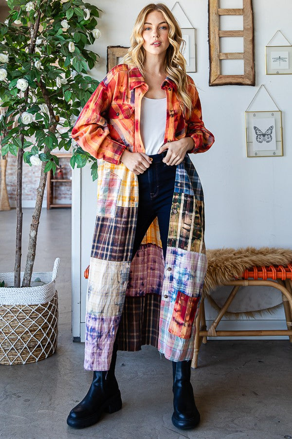 Oli & Hali Washed Plaid Mix Shirt Duster Jacket
