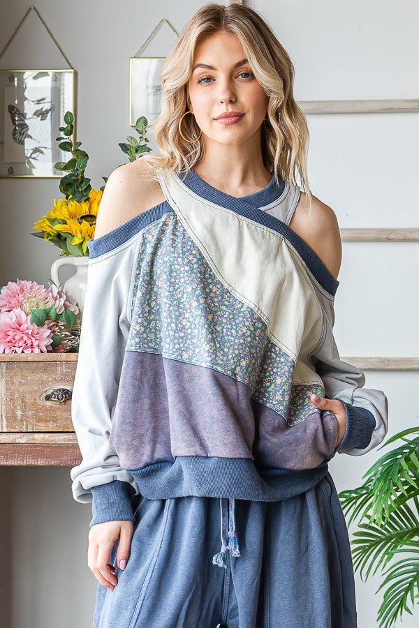 Oli & Hali Washed Fabric Mixed Cutout Shoulder Tunic Top