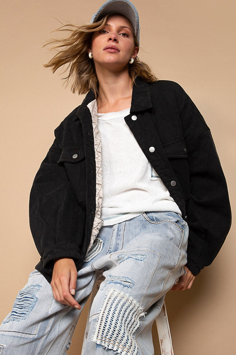 POL Long Sleeve Relaxed Fit Quilted Twill Button Down Jacket