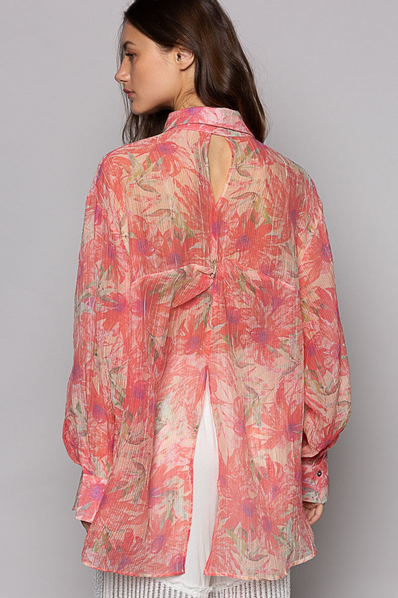 POL Floral Print Oversize Long Sleeve Button Down Top