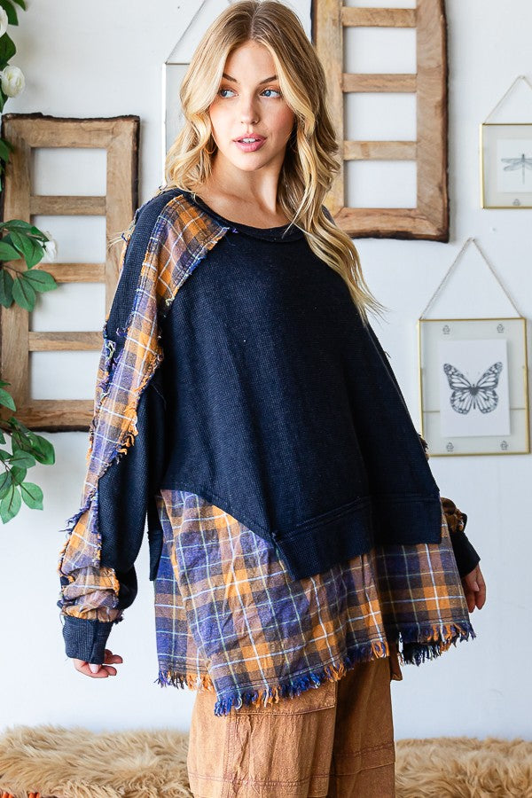 Oli & Hali Washed Long Sleeve Plaid Detail Top