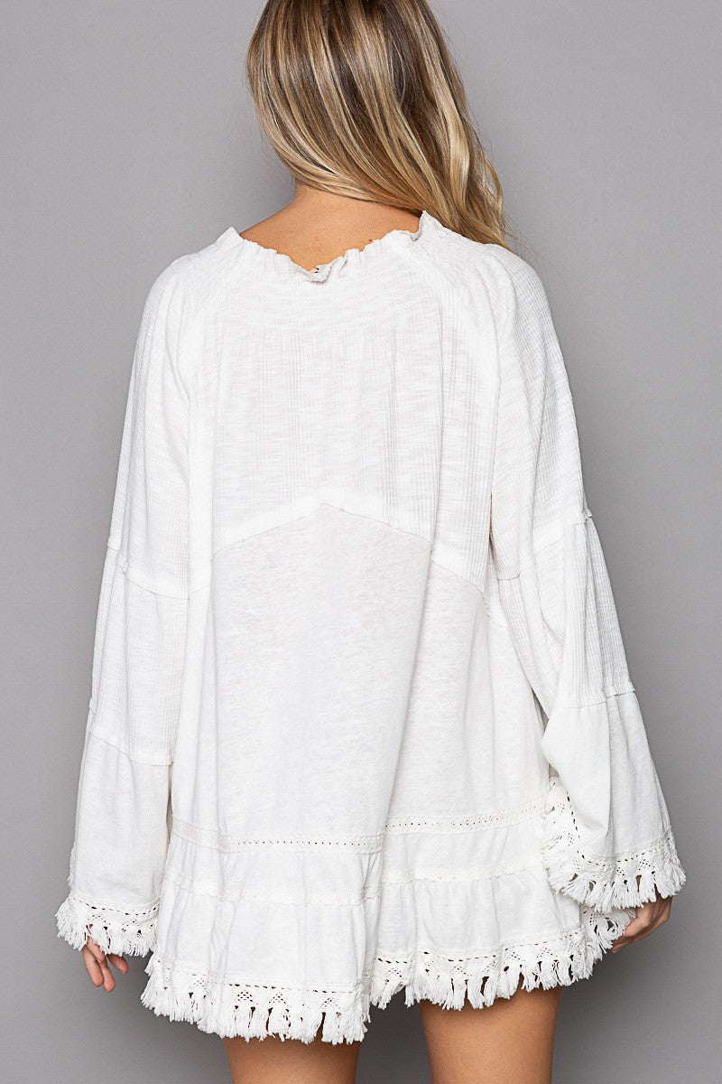 POL Oversize Notched Neck Ruffle Long Sleeve Tunic Top