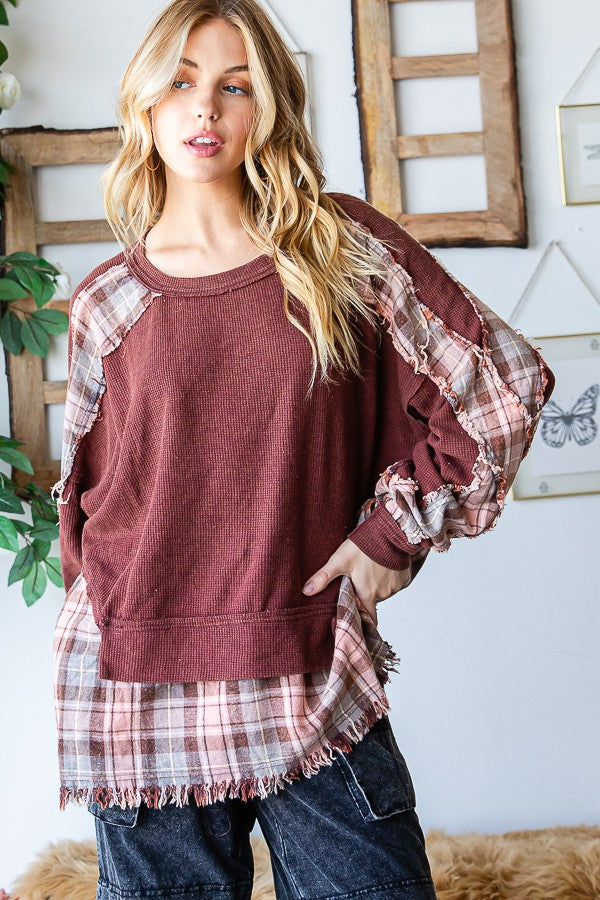 Oli & Hali Washed Long Sleeve Plaid Detail Top