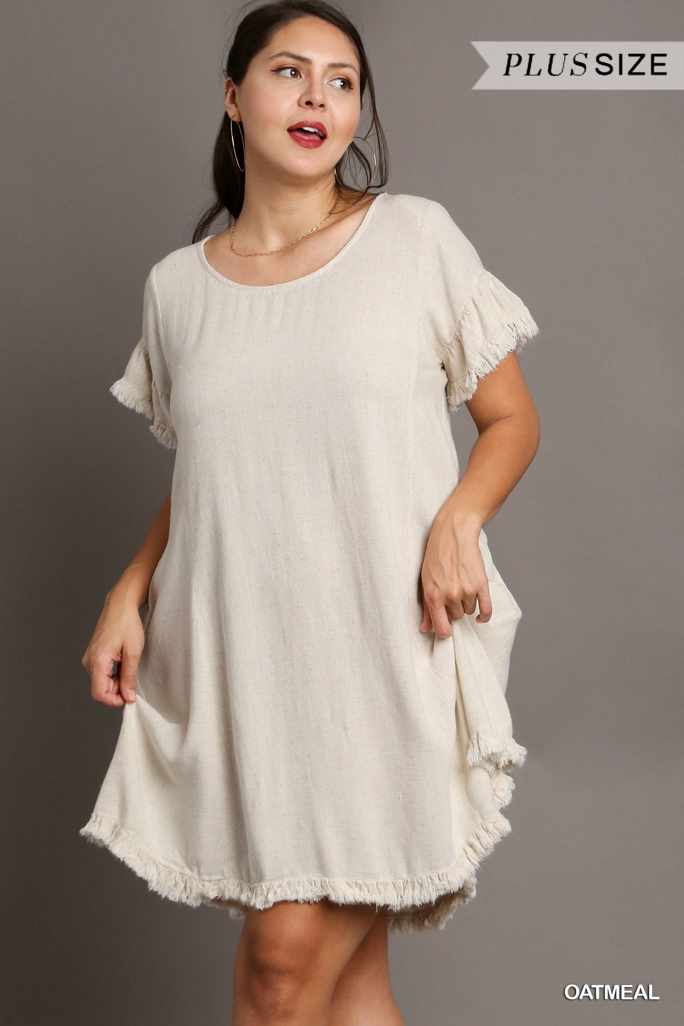 Umgee Plus Linen Blend Short Ruffle Sleeve Round Neck Ruffle Hem Dress
