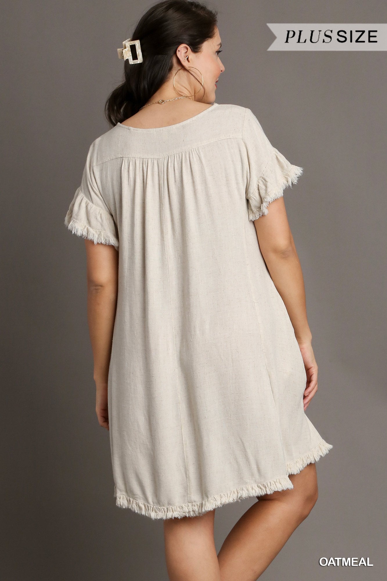 Umgee Plus Linen Blend Short Ruffle Sleeve Round Neck Ruffle Hem Dress