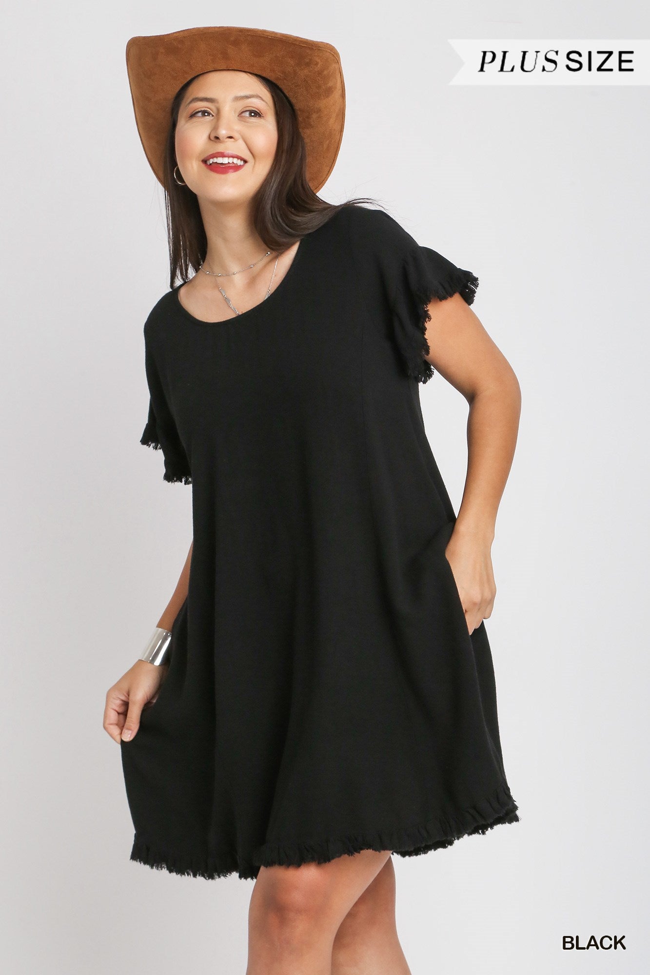 Umgee Plus Linen Blend Short Ruffle Sleeve Round Neck Ruffle Hem Dress