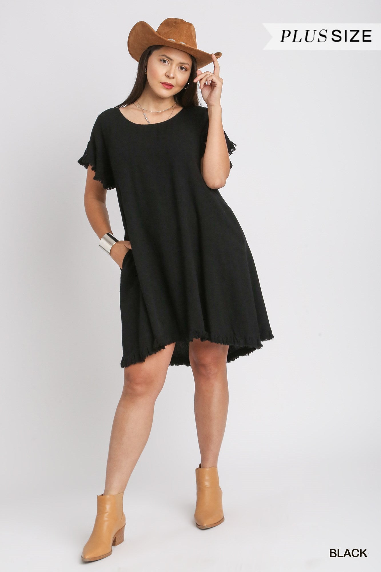 Umgee Plus Linen Blend Short Ruffle Sleeve Round Neck Ruffle Hem Dress