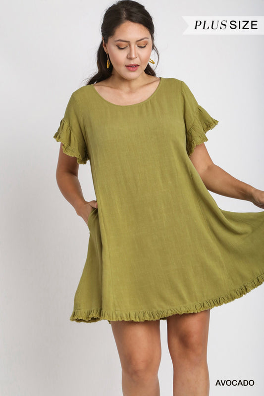 Umgee Plus Linen Blend Short Ruffle Sleeve Round Neck Ruffle Hem Dress