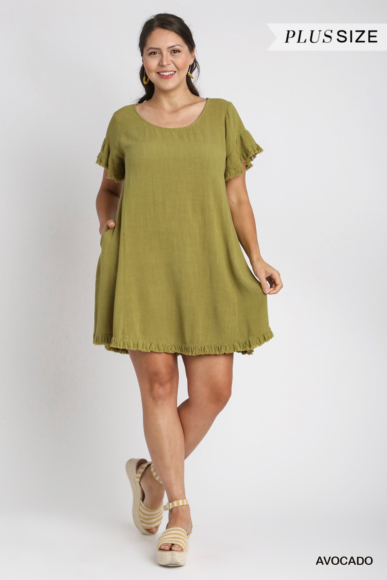 Umgee Plus Linen Blend Short Ruffle Sleeve Round Neck Ruffle Hem Dress