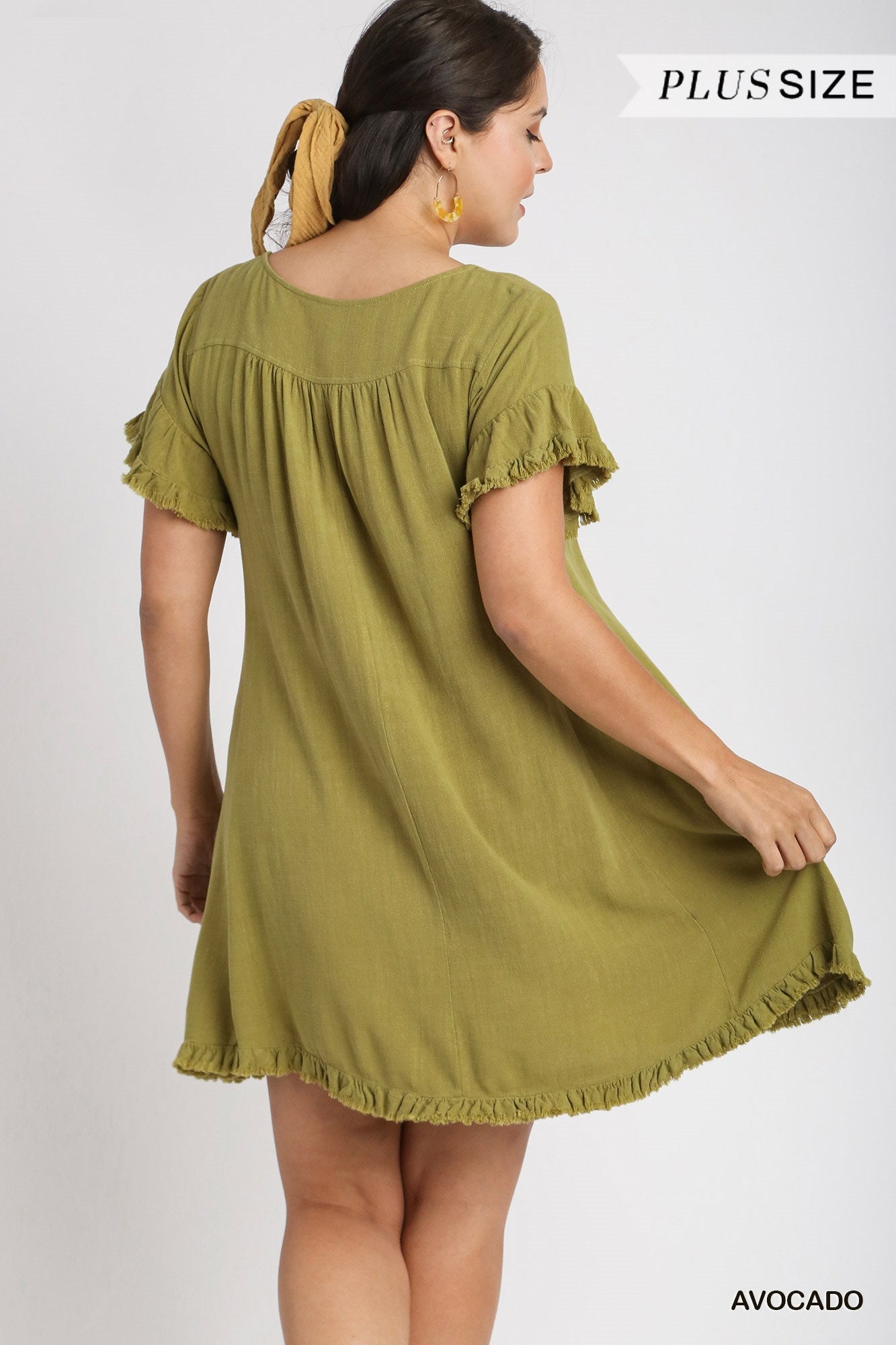 Umgee Plus Linen Blend Short Ruffle Sleeve Round Neck Ruffle Hem Dress