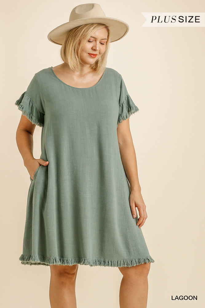 Umgee Plus Linen Blend Short Ruffle Sleeve Round Neck Ruffle Hem Dress