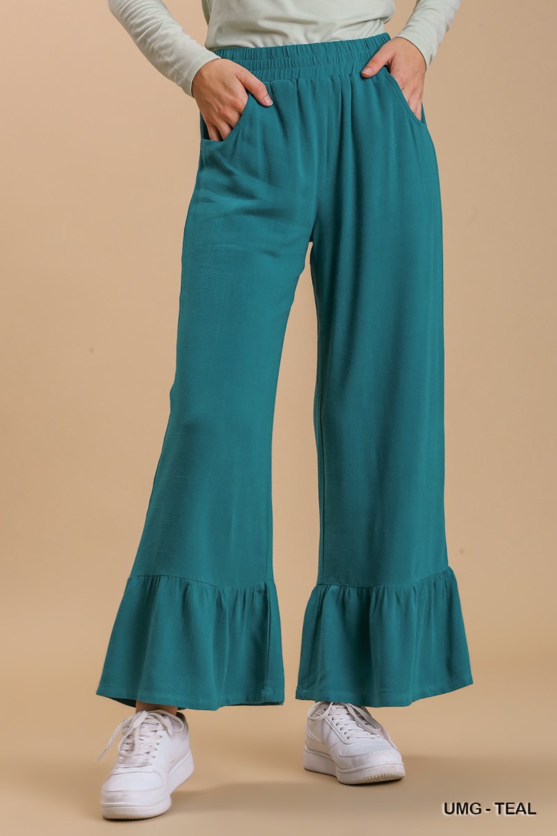 Umgee Linen Blend Elastic High Waist Pockets Wide Ruffle Leg Pants