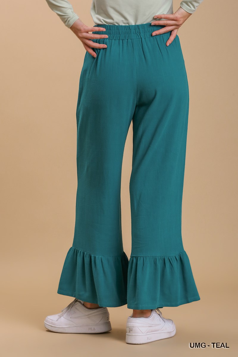 Umgee Linen Blend Elastic High Waist Pockets Wide Ruffle Leg Pants