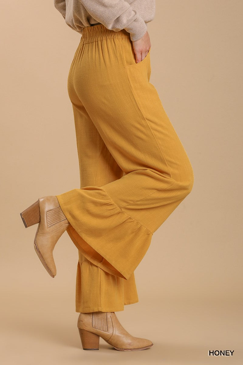 Umgee Linen Blend Elastic High Waist Pockets Wide Ruffle Leg Pants