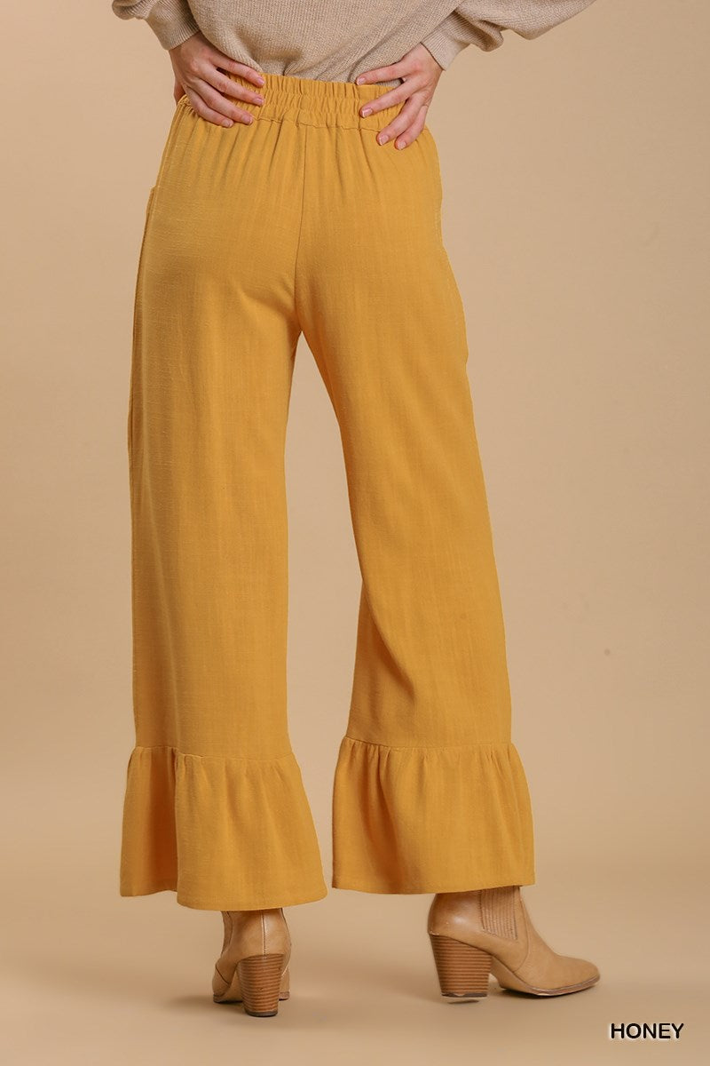 Umgee Linen Blend Elastic High Waist Pockets Wide Ruffle Leg Pants
