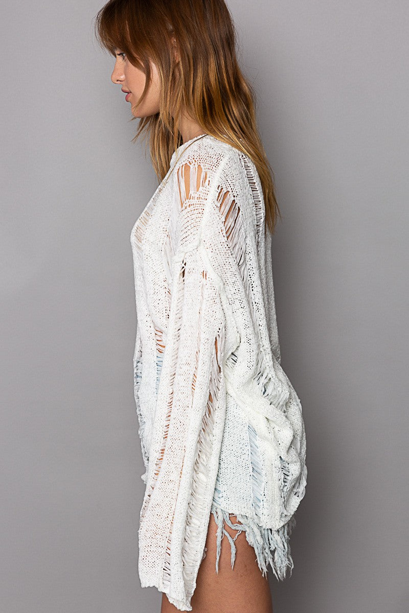 POL Distressed Knitted Round Neck Long Sleeve Sweater Top