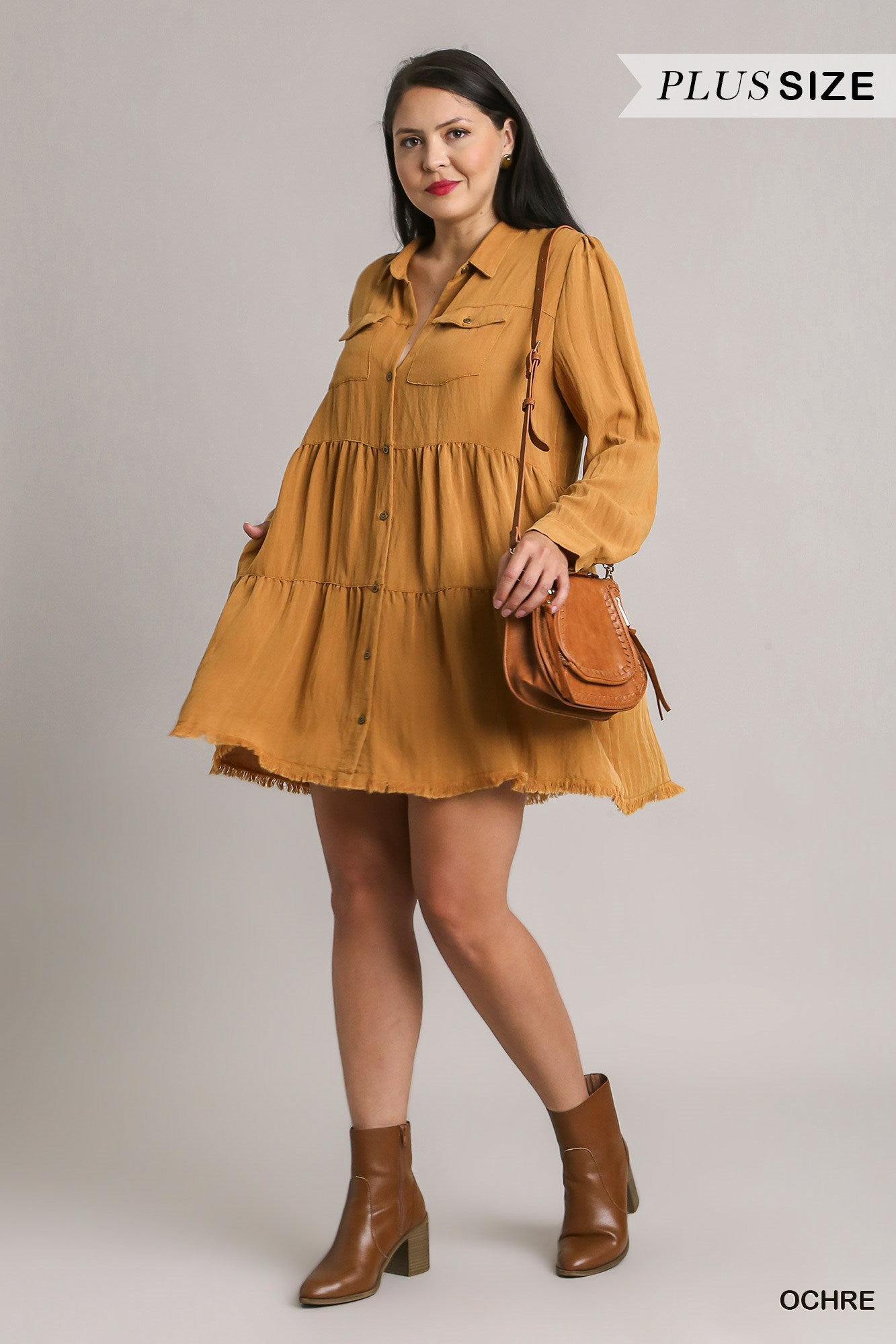 Umgee Plus Long Sleeve Button Front Collared Tiered Ruffle Dress