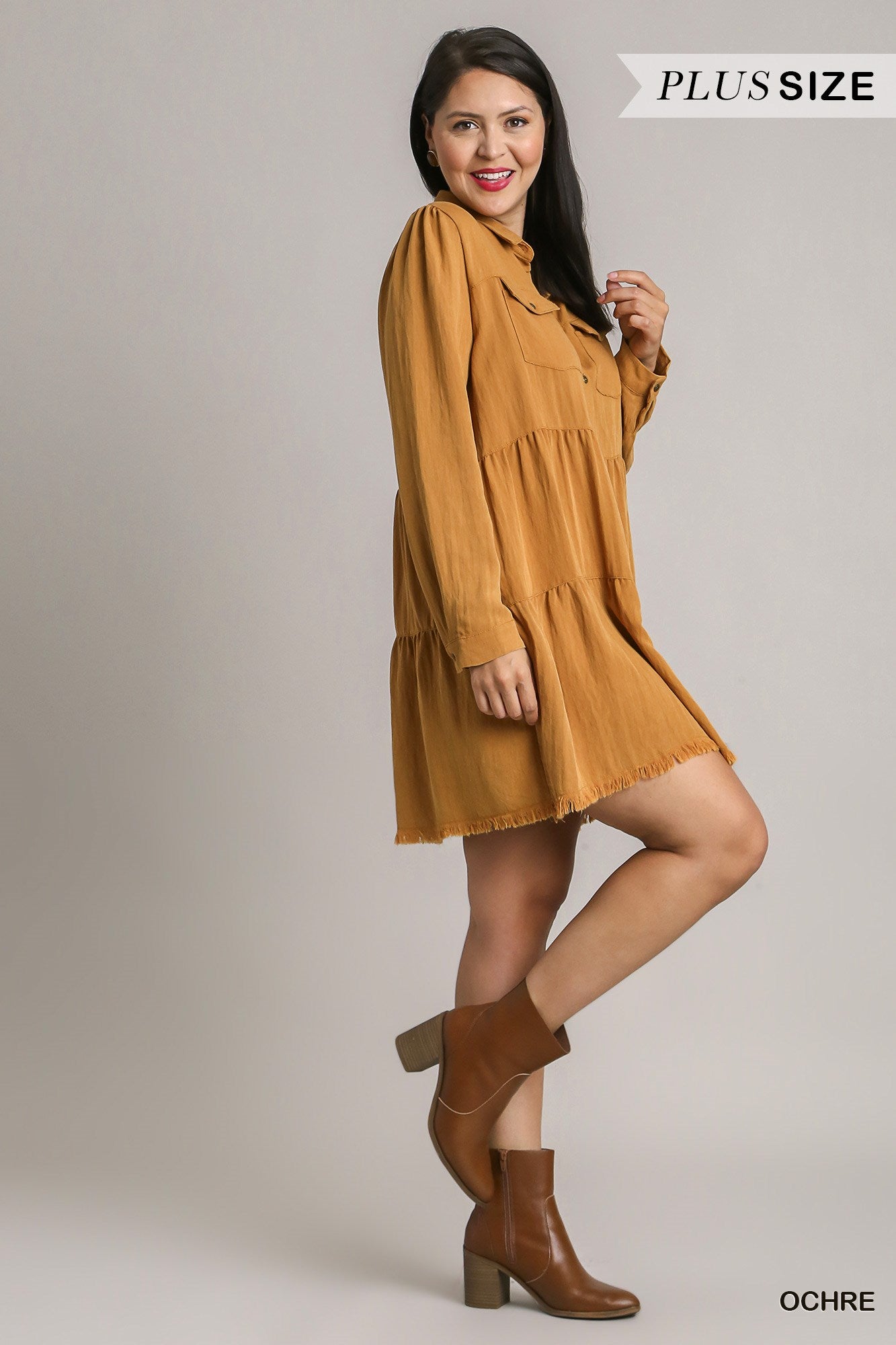Umgee Plus Long Sleeve Button Front Collared Tiered Ruffle Dress