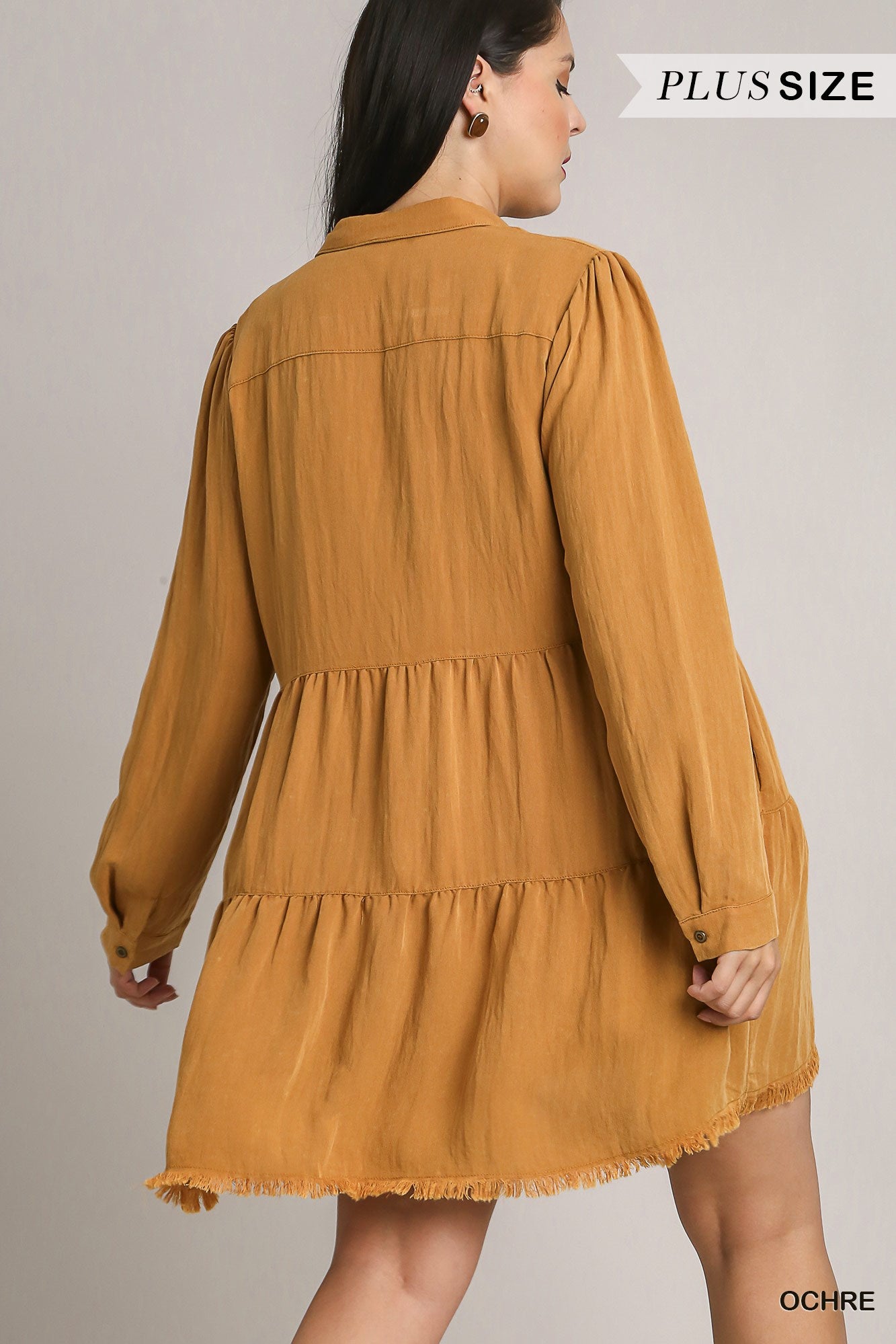 Umgee Plus Long Sleeve Button Front Collared Tiered Ruffle Dress