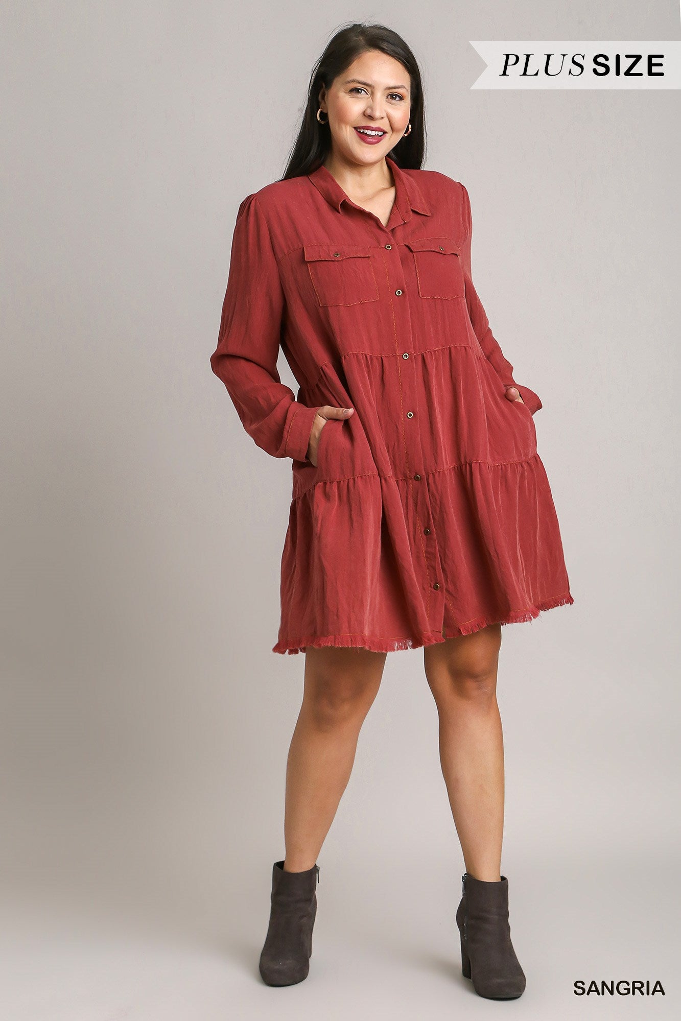 Umgee Plus Long Sleeve Button Front Collared Tiered Ruffle Dress