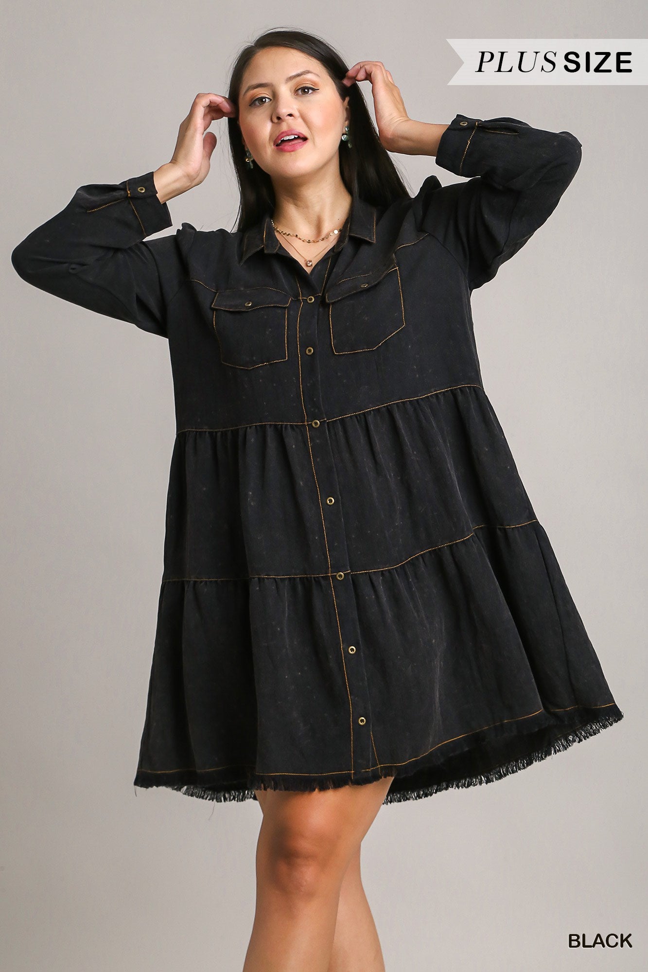Umgee Plus Long Sleeve Button Front Collared Tiered Ruffle Dress