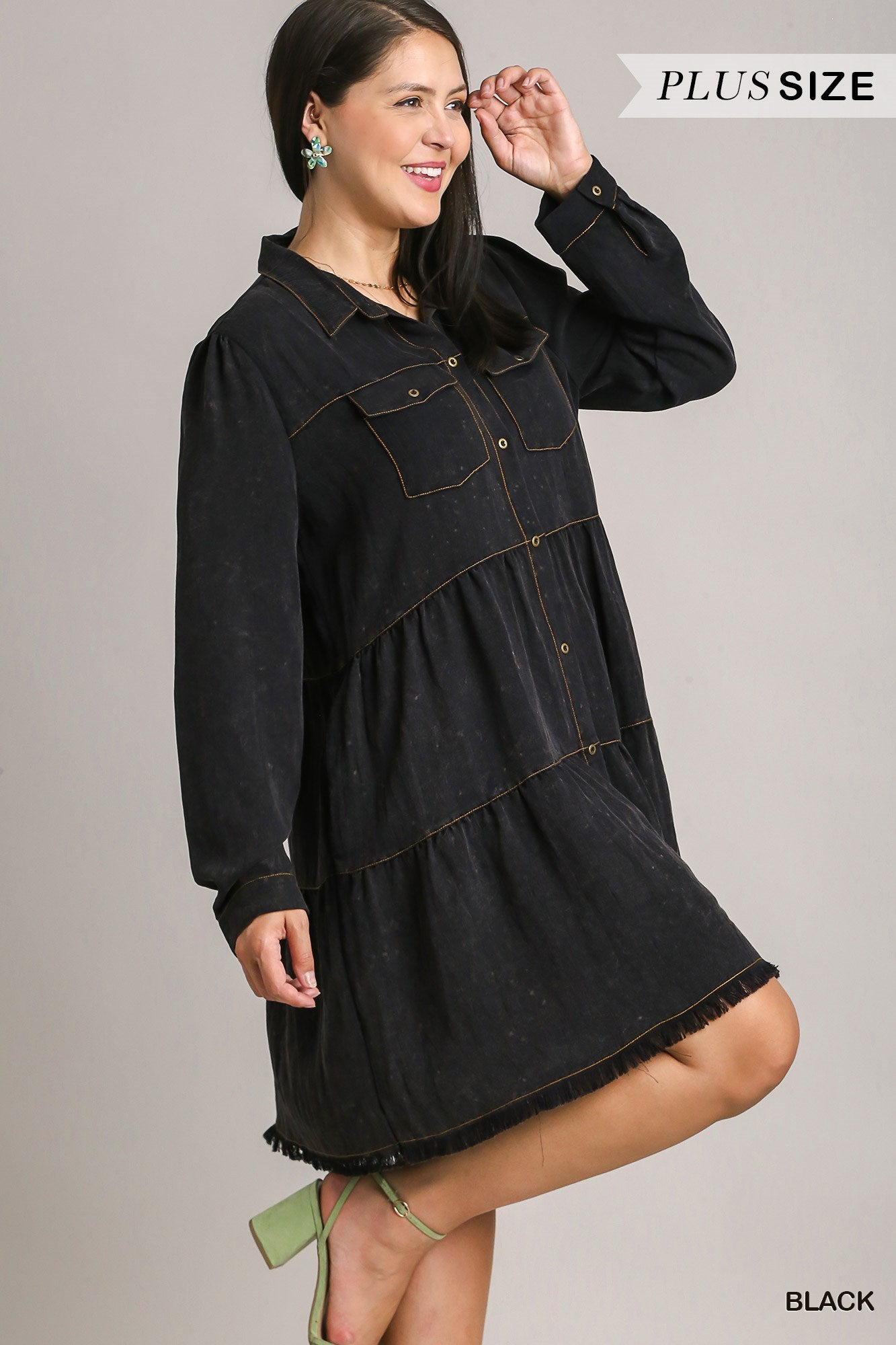 Umgee Plus Long Sleeve Button Front Collared Tiered Ruffle Dress
