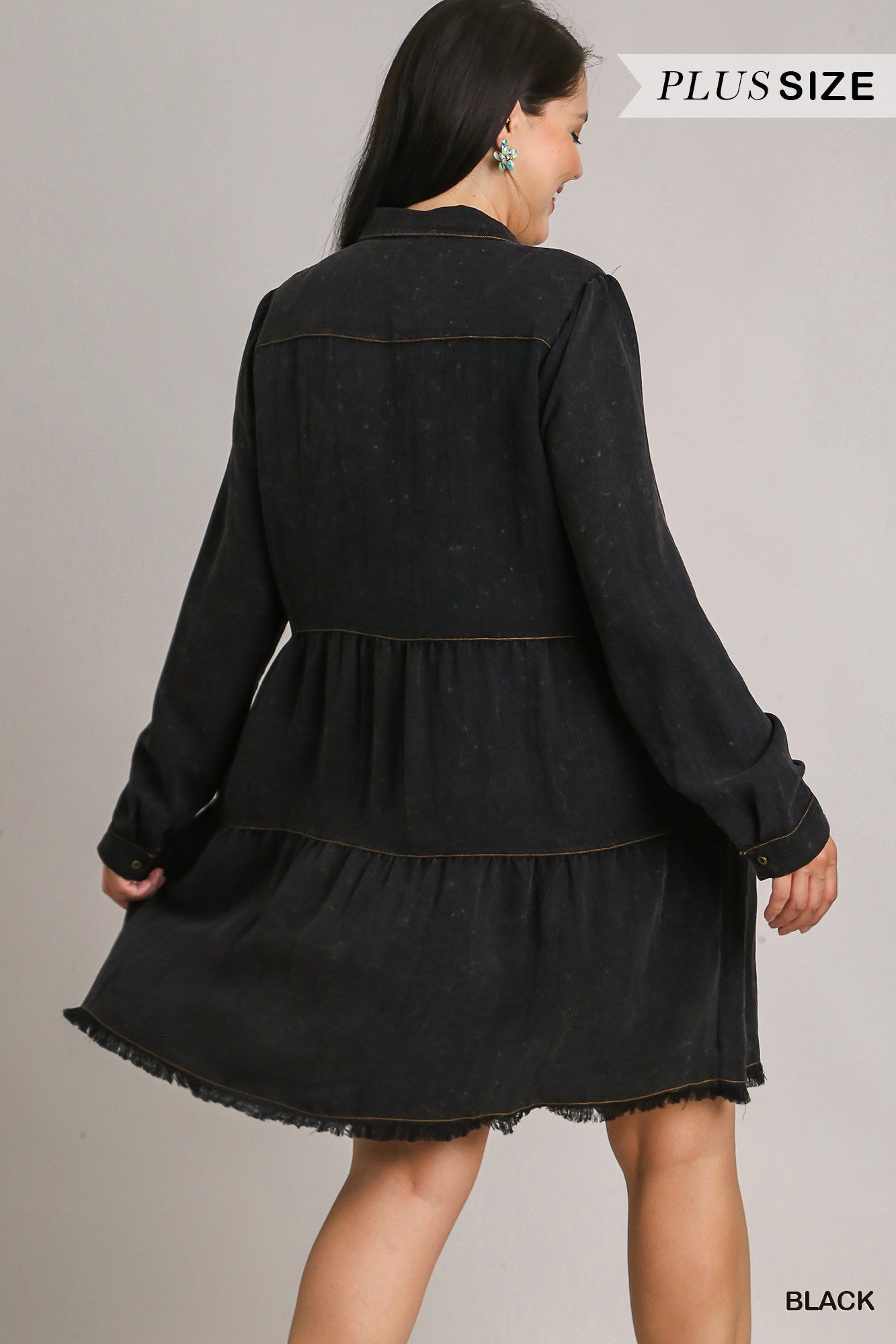 Umgee Plus Long Sleeve Button Front Collared Tiered Ruffle Dress