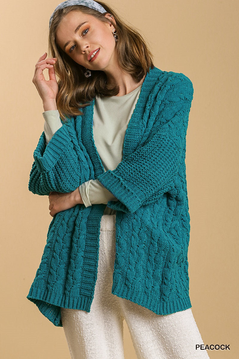 Umgee 3/4 Folded Sleeve Open Front Cable Knit Cardigan Sweater