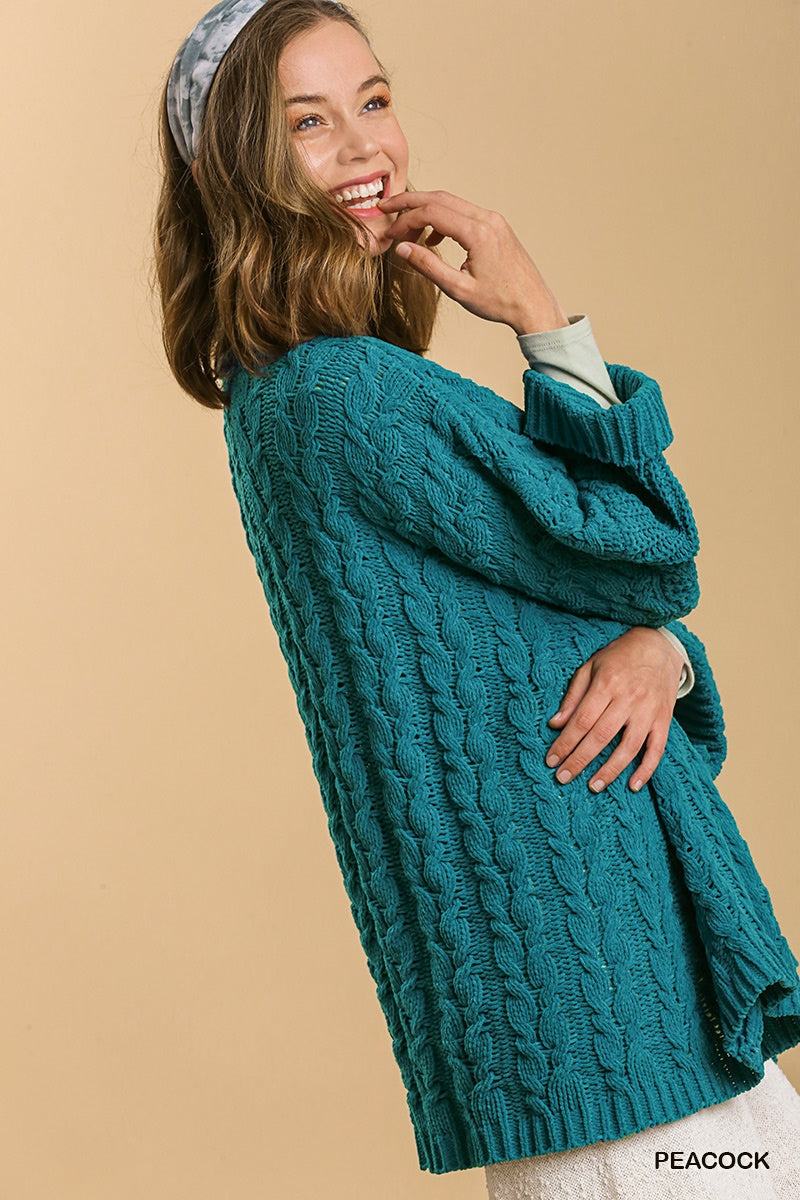 Umgee 3/4 Folded Sleeve Open Front Cable Knit Cardigan Sweater