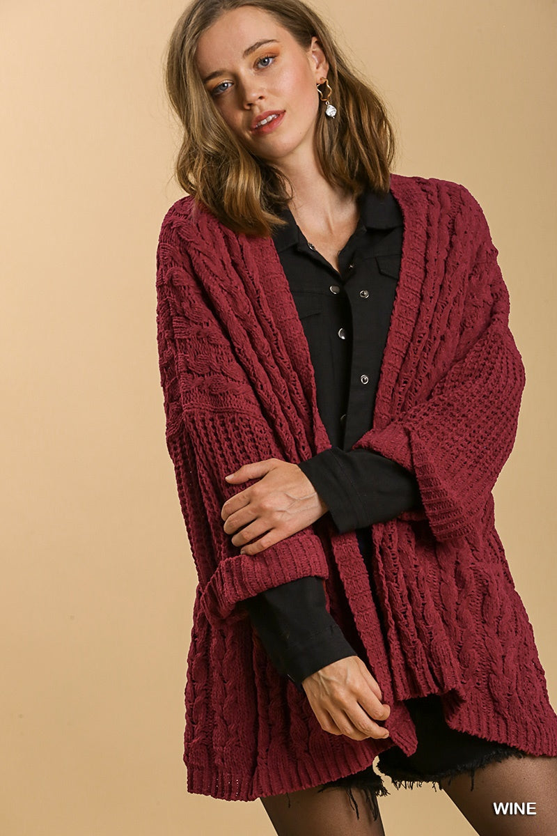 Umgee 3/4 Folded Sleeve Open Front Cable Knit Cardigan Sweater