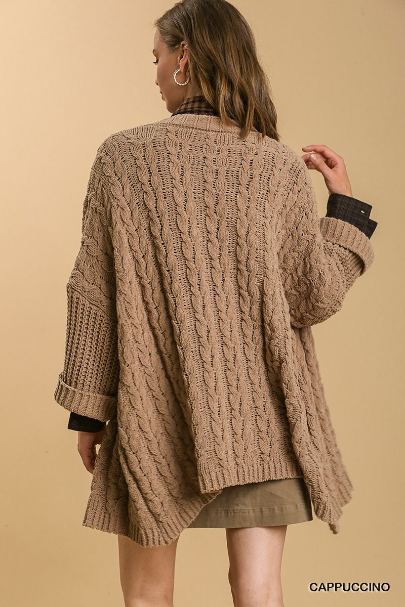 Umgee 3/4 Folded Sleeve Open Front Cable Knit Cardigan Sweater