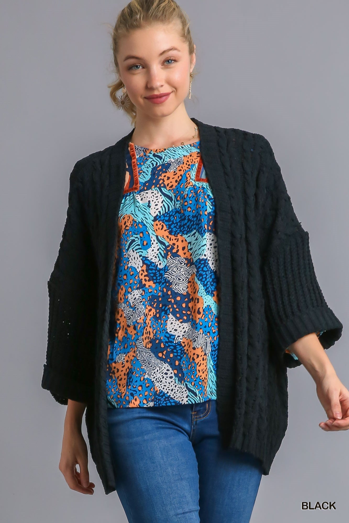 Umgee 3/4 Folded Sleeve Open Front Cable Knit Cardigan Sweater - Roulhac Fashion Boutique