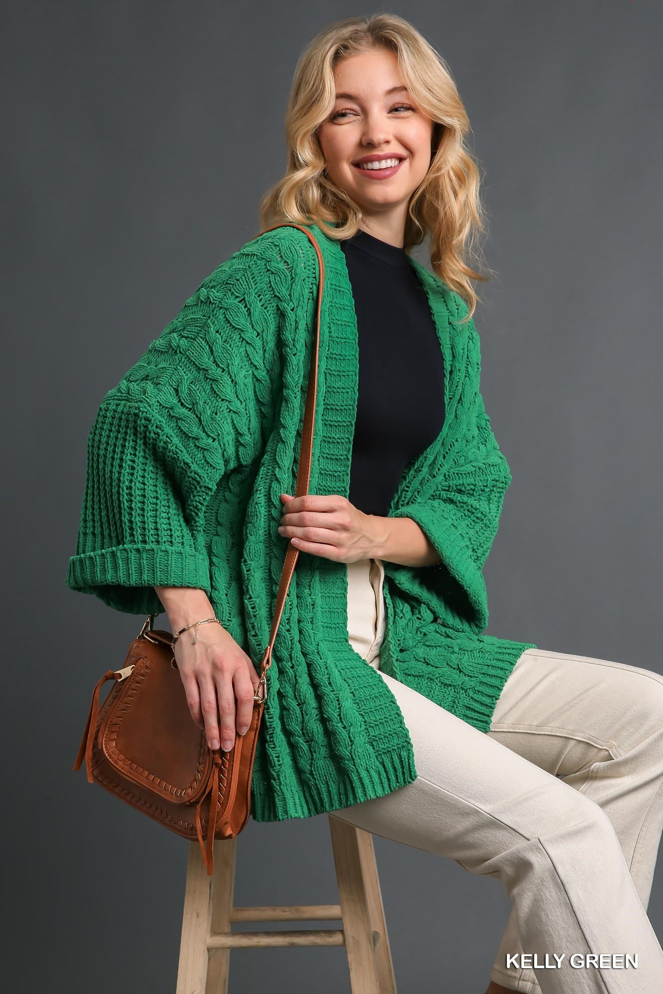 Umgee 3/4 Folded Sleeve Open Front Cable Knit Cardigan Sweater - Roulhac Fashion Boutique