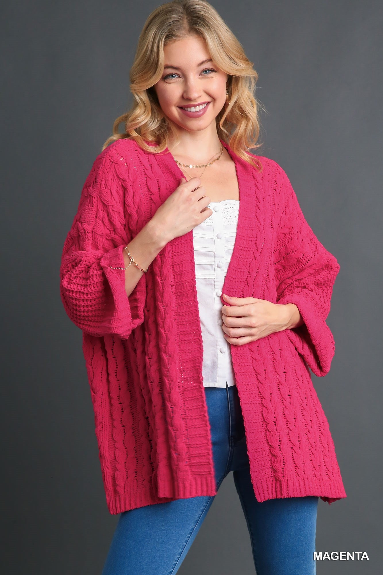 Umgee 3/4 Folded Sleeve Open Front Cable Knit Cardigan Sweater - Roulhac Fashion Boutique