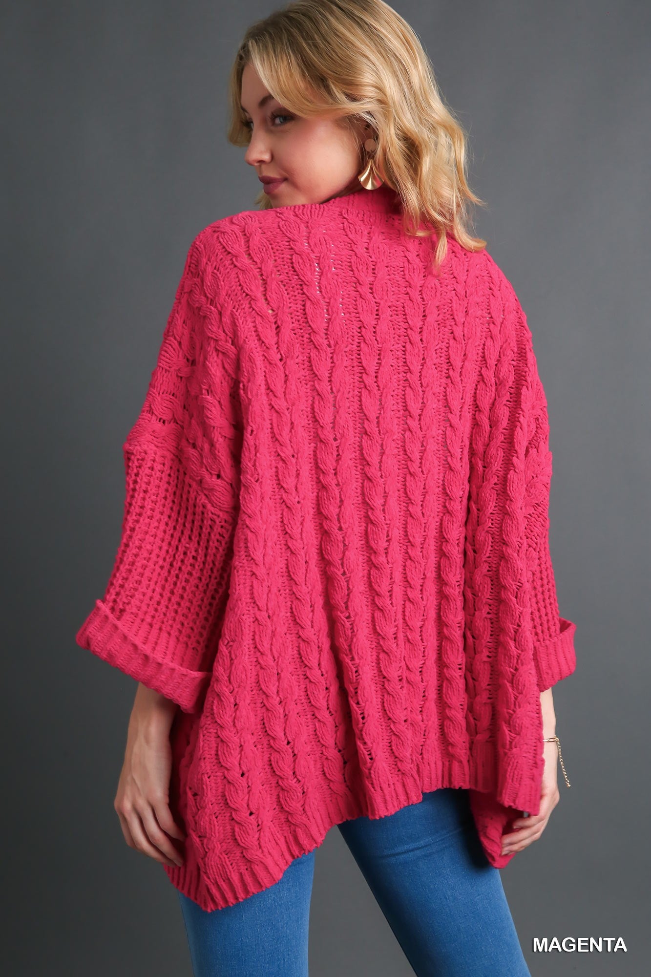 Umgee 3/4 Folded Sleeve Open Front Cable Knit Cardigan Sweater - Roulhac Fashion Boutique