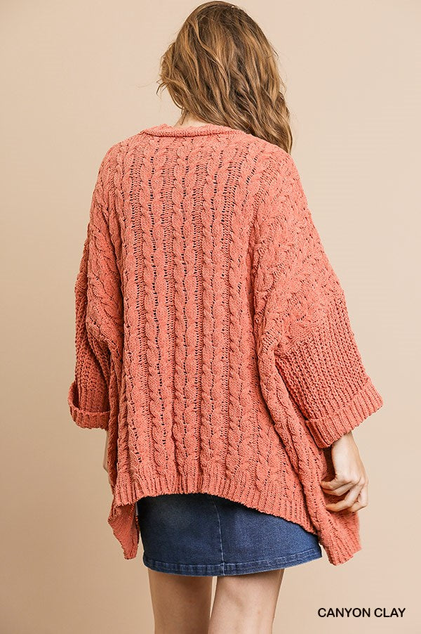 Umgee 3/4 Folded Sleeve Open Front Cable Knit Cardigan Sweater