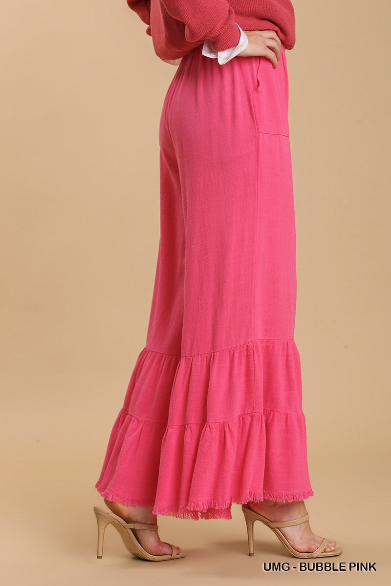 Umgee Linen Blend Wide Ruffle Leg Frayed Hem Pants