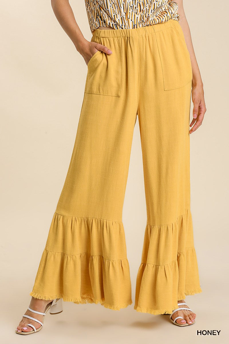 Umgee Linen Blend Wide Ruffle Leg Frayed Hem Pants